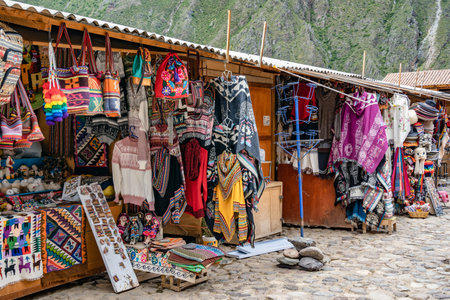 Ollantaytambo, Peru - March 17, 2025: Traditional peruvian souvenir shops near the entrance of Ollantaytambo Archeological Siteのeditorial素材