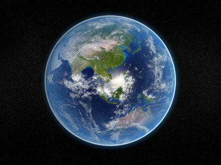 Photorealistic 3D rendering of planet earth viewed from space (Asia and Australia).