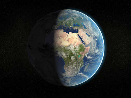 Photorealistic 3D rendering of planet earth viewed from space (Africa and Europe - partial light).の写真素材
