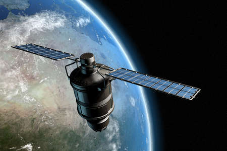 Satellite orbiting earth, photo-realistic high-res 3D renderingの写真素材