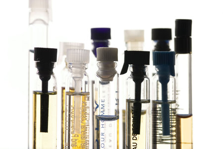bottles of perfume samples isolatedの写真素材