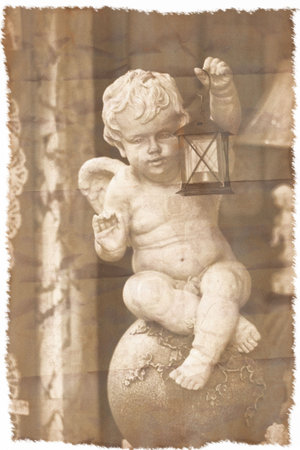 picture of an old statue of an angel child worned out (noise has been expressely added)