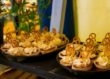 Fresh food brunch buffet Oktoberfest or Autumn Fest, festival outside outdoor in the garden by the pool. Fresh Food Buffet Brunch Catering Dining Eating Party Sharing Conceptの写真素材