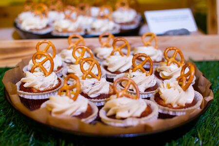 Fresh food brunch buffet Oktoberfest or Autumn Fest, festival outside outdoor in the garden by the pool. Fresh Food Buffet Brunch Catering Dining Eating Party Sharing Conceptの写真素材