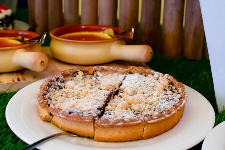 Fresh food brunch buffet Oktoberfest or Autumn Fest, festival outside outdoor in the garden by the pool. Fresh Food Buffet Brunch Catering Dining Eating Party Sharing Conceptの写真素材