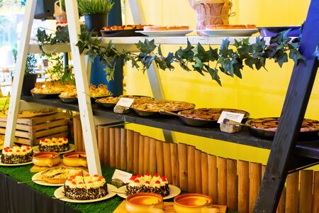 Fresh food brunch buffet Oktoberfest or Autumn Fest, festival outside outdoor in the garden by the pool. Fresh Food Buffet Brunch Catering Dining Eating Party Sharing Conceptの写真素材