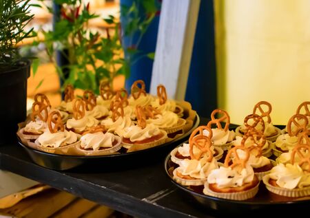 Fresh food brunch buffet Oktoberfest or Autumn Fest, festival outside outdoor in the garden by the pool. Fresh Food Buffet Brunch Catering Dining Eating Party Sharing Conceptの写真素材
