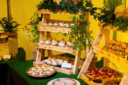 Fresh food brunch buffet Oktoberfest or Autumn Fest, festival outside outdoor in the garden by the pool. Fresh Food Buffet Brunch Catering Dining Eating Party Sharing Conceptの写真素材
