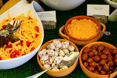 Fresh food brunch buffet Oktoberfest or Autumn Fest, festival outside outdoor in the garden by the pool. Fresh Food Buffet Brunch Catering Dining Eating Party Sharing Conceptの写真素材