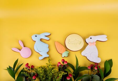 Cute Easter bunny desserts, Easter painted eggs, Authentic Easter Brunch. Colorful and happy table, food and sweets display. Fresh Food Buffet Brunch Catering Dining Eating Party Sharing Conceptの写真素材