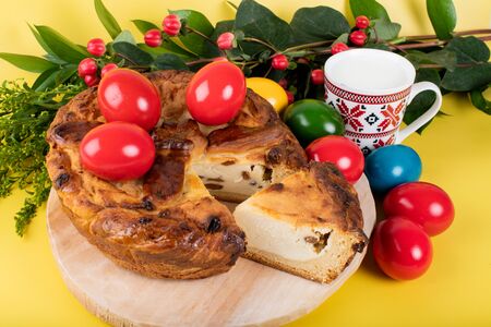 Traditional Romanian Easter table Sweetbread and Matzo an unleavened flat bread that is part of Jewish cuisine and forms an integral element of the Passover. Happy Easterの写真素材