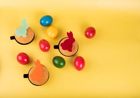 Cute Easter bunny desserts, Easter painted eggs, Authentic Easter Brunch. Colorful and happy table, food and sweets display. Fresh Food Buffet Brunch Catering Dining Eating Party Sharing Conceptの写真素材