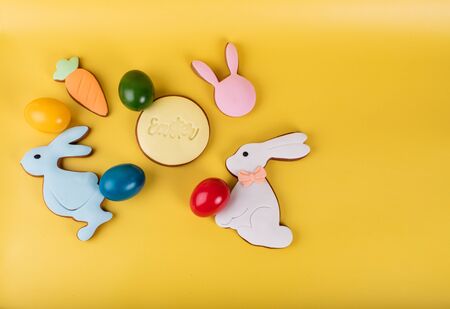 Cute Easter bunny desserts, Easter painted eggs, Authentic Easter Brunch. Colorful and happy table, food and sweets display. Fresh Food Buffet Brunch Catering Dining Eating Party Sharing Conceptの写真素材