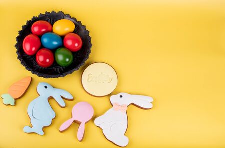 Cute Easter bunny desserts, Easter painted eggs, Authentic Easter Brunch. Colorful and happy table, food and sweets display. Fresh Food Buffet Brunch Catering Dining Eating Party Sharing Conceptの写真素材