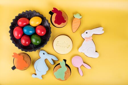 Cute Easter bunny desserts, Easter painted eggs, Authentic Easter Brunch. Colorful and happy table, food and sweets display. Fresh Food Buffet Brunch Catering Dining Eating Party Sharing Conceptの写真素材
