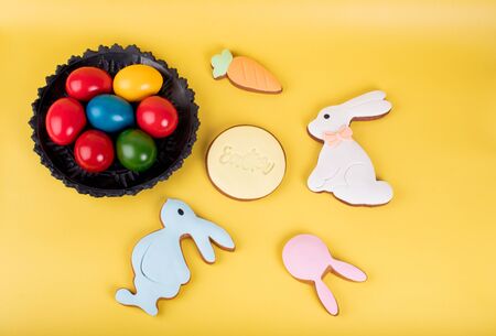 Cute Easter bunny desserts, Easter painted eggs, Authentic Easter Brunch. Colorful and happy table, food and sweets display. Fresh Food Buffet Brunch Catering Dining Eating Party Sharing Conceptの写真素材