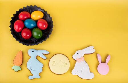 Cute Easter bunny desserts, Easter painted eggs, Authentic Easter Brunch. Colorful and happy table, food and sweets display. Fresh Food Buffet Brunch Catering Dining Eating Party Sharing Conceptの写真素材