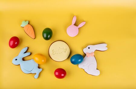 Cute Easter bunny desserts, Easter painted eggs, Authentic Easter Brunch. Colorful and happy table, food and sweets display. Fresh Food Buffet Brunch Catering Dining Eating Party Sharing Conceptの写真素材