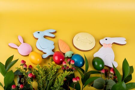 Cute Easter bunny desserts, Easter painted eggs, Authentic Easter Brunch. Colorful and happy table, food and sweets display. Fresh Food Buffet Brunch Catering Dining Eating Party Sharing Conceptの写真素材