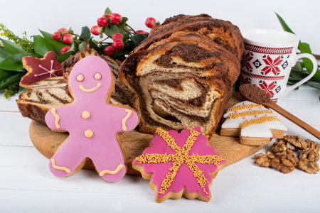 Cute Christmas gingerbread desserts, Authentic Christmas Brunch. Colorful and happy table, food and...
