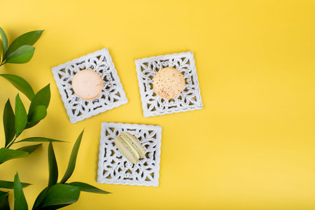 Macaroons isolated on yellow background, floral and green leaves concept, summer or spring...