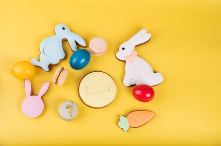 Cute Easter bunny desserts, Easter painted eggs, Authentic Easter Brunch. Colorful and happy table, food and sweets display. Fresh Food Buffet Brunch Catering Dining Eating Party Sharing Conceptの写真素材