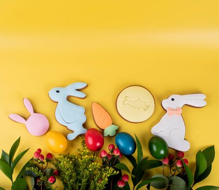 Cute Easter bunny desserts, Easter painted eggs, Authentic Easter Brunch. Colorful and happy table, food and sweets display. Fresh Food Buffet Brunch Catering Dining Eating Party Sharing Conceptの写真素材