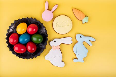 Cute Easter bunny desserts, Easter painted eggs, Authentic Easter Brunch. Colorful and happy table, food and sweets display. Fresh Food Buffet Brunch Catering Dining Eating Party Sharing Conceptの写真素材