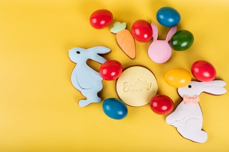 Cute Easter bunny desserts, Easter painted eggs, Authentic Easter Brunch. Colorful and happy table, food and sweets display. Fresh Food Buffet Brunch Catering Dining Eating Party Sharing Conceptの写真素材