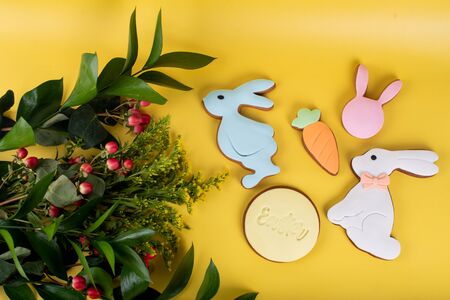 Cute Easter bunny desserts, Easter painted eggs, Authentic Easter Brunch. Colorful and happy table, food and sweets display. Fresh Food Buffet Brunch Catering Dining Eating Party Sharing Conceptの写真素材