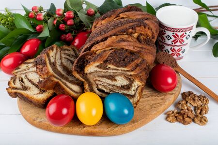 Traditional Romanian Easter table Sweetbread and Matzo an unleavened flat bread that is part of Jewish cuisine and forms an integral element of the Passover. Happy Easterの写真素材
