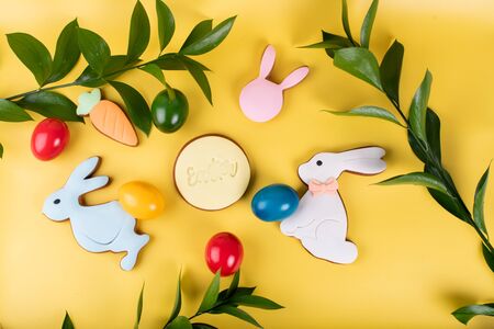 Cute Easter bunny desserts, Easter painted eggs, Authentic Easter Brunch. Colorful and happy table, food and sweets display. Fresh Food Buffet Brunch Catering Dining Eating Party Sharing Conceptの写真素材