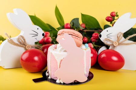 Cute Easter bunny desserts, Easter painted eggs, Authentic Easter Brunch. Colorful and happy table, food and sweets display. Fresh Food Buffet Brunch Catering Dining Eating Party Sharing Conceptの写真素材