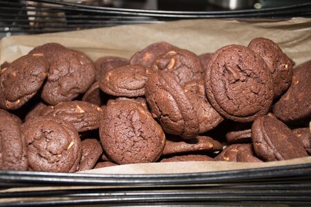 Chocolate chips cakes cookies homemade dark cocoa dessert on a plate. Bakery specialty on a baking sheet paper, brown and rustic background. stack of oven baked dessert ideal for breakfastの写真素材