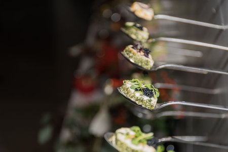 Tasty canapes plates in line hanging with caviar and cream cheese appetizers,isolated on white background view, finger food snacks during hotel brunch buffet,food event catering festive display visualの写真素材