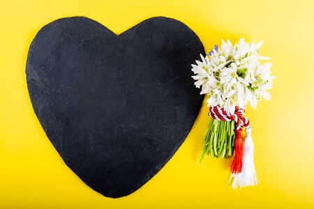 Spring time flowers like snowdrops, hyacinth and roses, isolated on yellow simple background, spring symbol and traditional romanian festive on 1st of marchの写真素材