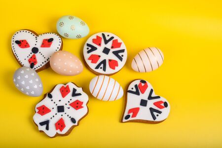 Milk and cookies for Easter, Christmas, 1st of March, 8th of march Day, Xmas, Valentine's Day Brunch buffet concept.Handmade dessert artisan authentic and traditional patternの写真素材