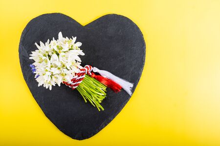Spring time flowers like snowdrops, hyacinth and roses, isolated on yellow simple background, spring symbol and traditional romanian festive on 1st of marchの写真素材