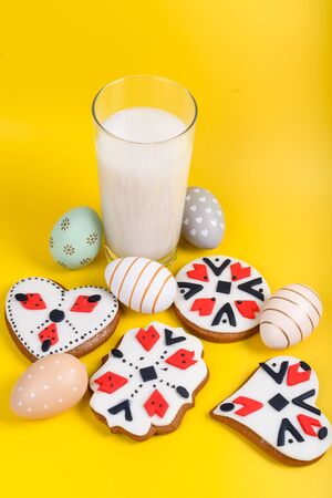 Milk and cookies for Easter, Christmas, 1st of March, 8th of march Day, Xmas, Valentine's Day Brunch buffet concept.Handmade dessert artisan authentic and traditional patternの写真素材