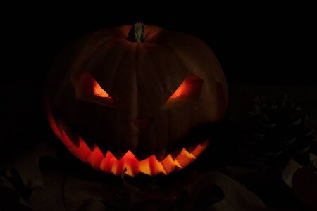 Scary and spooky hand carved Halloween pumpkin with flames inside and dark black background with autumn leaves and cones. Copy and space for text for festive visual representation cardsの写真素材