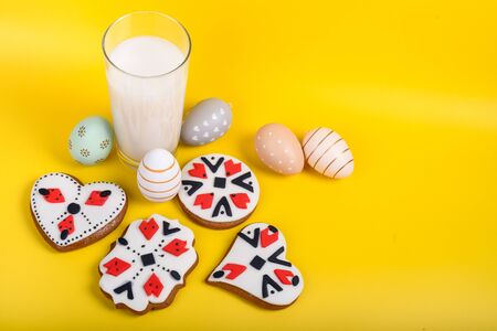 Milk and cookies for Easter, Christmas, 1st of March, 8th of march Day, Xmas, Valentine's Day Brunch buffet concept.Handmade dessert artisan authentic and traditional patternの写真素材