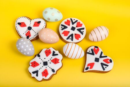 Milk and cookies for Easter, Christmas, 1st of March, 8th of march Day, Xmas, Valentine's Day Brunch buffet concept.Handmade dessert artisan authentic and traditional patternの写真素材