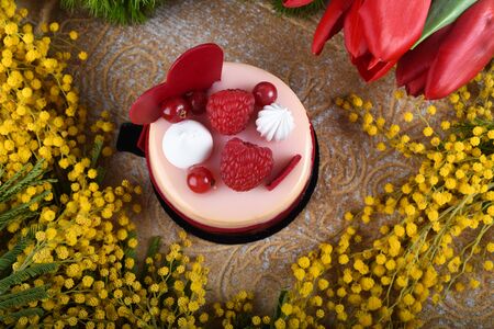 Vivid color raspberry vanilla mini cake, love celebration, party. Fresh luxury heart shape macaroon dessert. Anniversary Eating Party Concept. Mother's Day, Valentine Day, Woman's Day, Happy Birthdayの写真素材