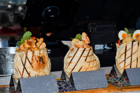 Chicken, pork or lamb wraps or pita sabich sandwich - pita stuffed with fried ingredients and hard...