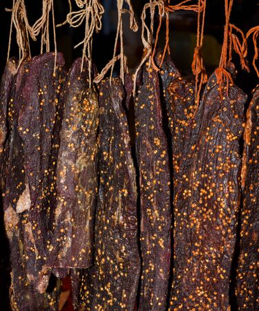 Sausages on Borough market in London. large thick French sausages, typically form in texture and flavored with herbs.の写真素材