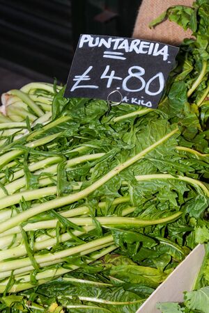 Greens for sale. Local produce for sale displayed at the market. Borough farmer's market in London. Organic and bio fresh healthy eating concept. Veggies, vegetables, herbs and spices, price tagsの写真素材