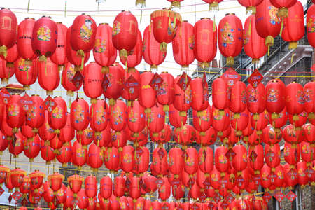 London, United Kingdom, 25th of January 2020: Chinese red lanterns illuminated lamps hanging during Chinese New Year's celebrationのeditorial素材