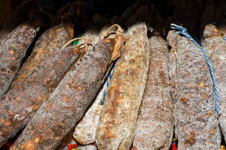 Sausages on Borough market in London. Sausages is large thick French sausages, typically form in texture and flavored with herbs.の写真素材