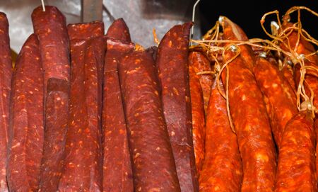 Sausages on Borough market in London. Sausages is large thick French sausages, typically form in texture and flavored with herbs.の写真素材