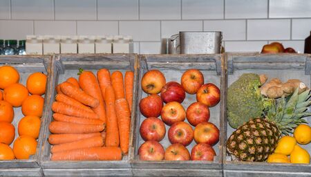 Fresh fruit and vegetables rack display in Camden town district in Londonの写真素材